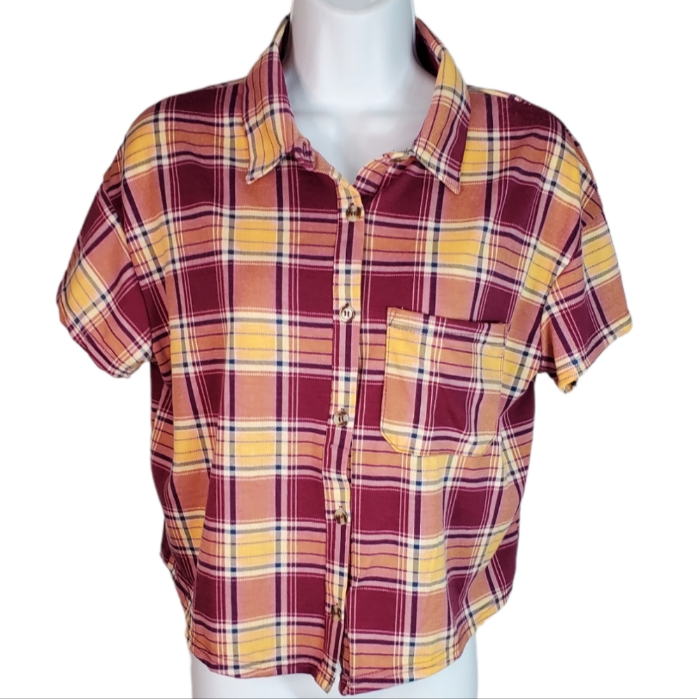 Self Esteem Juniors Size XL Cropped Plaid Button Shirt Short Sleeve